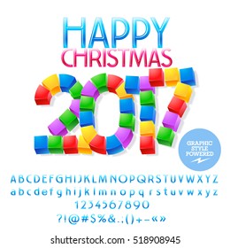 Vector funny cube Happy Christmas 2017 greeting card with set of letters, symbols and numbers. File contains graphic styles