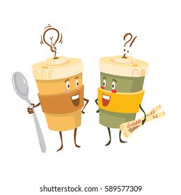 Vector funny cups with a great idea. Cartoon style. Isolated on white background. Spoon and sugar in the hand.