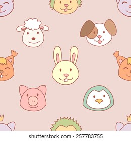 Vector funny cute animals faces seamless pattern, wild and farm animals