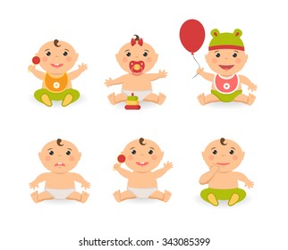 Vector funny cute baby boy and girl. Illustration of cartoon sitting babies with pacifiers toy balloon