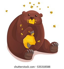 Vector funny cute cartoon animal character, bear and honey