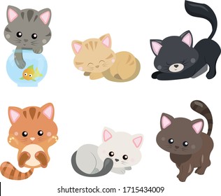 Vector Funny and cute cartoon Cat different breeds pet characters set. kitty vector illustration, toys and sticker.