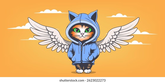 Vector funny cute cartoon kitten angel with wings, stand in blue hoodie with small paws and big green eyes. Dressed up toon pet. Cat
