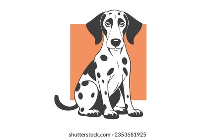Vector funny cute cartoon sitting Dalmatian breed puppy. White isolated background. Orange square.