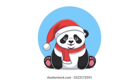 Vector funny cute cartoon sitting baby panda wearing red santa claus hat and scarf. Asian chinese cuddly bear cub. Merry Christmas and Happy new year. 