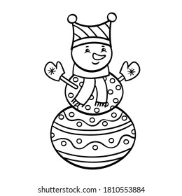Vector funny cute Christmas snowman with abstract patterns in winter hat, coloring page for kids and adults