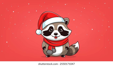 Vector funny cute chubby fat cartoon sitting raccoon in red scarf and Santa Claus hat. Merry Christmas and Happy New Year. Festive cheerful funny plump coon.