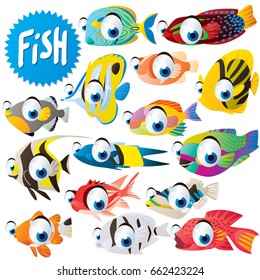 vector funny cute cool cartoon fish sea life animals illustration. Coral fish illustration in vector resizable format