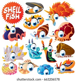 vector funny cute cool cartoon sea life animals illustration. Nudibranch shellfish