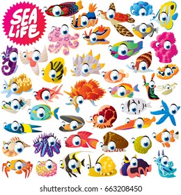 vector funny cute cool cartoon extra big set of sea life animals illustration. fish, shellfish, octopus, squid, turtle, snail, mussel, seastar, seahorse, crab, coral, sponge, flatworm