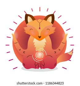 Vector funny cute Fox sitting in yoga lotus pose and relaxing meditates. Adorable cartoon animal illustration. Art for design posters, t-shirts, invitations