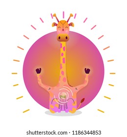 Vector funny cute Giraffe sitting in yoga lotus pose and relaxing meditates. Adorable cartoon animal illustration. Art for design posters, t-shirts, invitations
