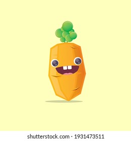 vector funny cute healthy cartoon carrot character isolated on pastel yellow background. funky smiling autumn vegetable character. Kawaii carrot