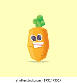 vector funny cute healthy cartoon carrot character isolated on pastel yellow background. funky smiling autumn vegetable character. Kawaii carrot