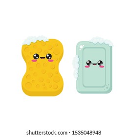 vector funny cute little kids soap and yellow sponge characters set isolated on white background, Kawaii soap and sponge with bubbles collection  