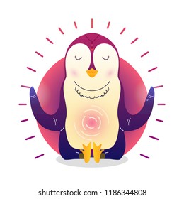 Vector funny cute Penguin sitting in yoga lotus pose and relaxing meditates. Adorable cartoon animal illustration. Art for design posters, t-shirts, invitations