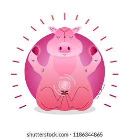 Vector funny cute Pig sitting in yoga lotus pose and relaxing meditates. Adorable cartoon animal illustration. Art for design posters, t-shirts, invitations