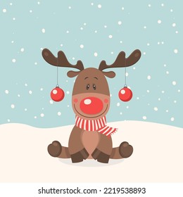Vector Funny Cute Reindeer with Red Scarf and Christmas Balls on Horns. Cartoon Christmas Deer Character for Christmas, New Year 2023 Greeting Card, Poster, T-shirt Print, Gifts