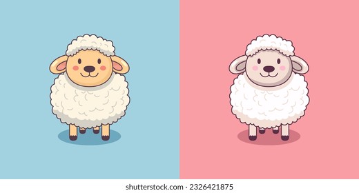 Vector Funny Cute Sheep on Blue and Pink Background. Cartoon Sheep Print, Design for Kids, Girls, Boys. Standing Vector Little Baby Sheep in Kawaii Style