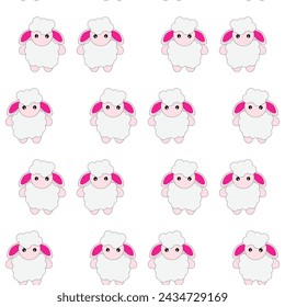Vector Funny Cute Sheep on Blue and Pink Background. Cartoon Sheep Print, Design for Kids, Girls, Boys. Standing Vector Little Baby Sheep in Kawaii Style