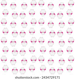 Vector Funny Cute Sheep on Blue and Pink Background. Cartoon Sheep Print, Design for Kids, Girls, Boys. Standing Vector Little Baby Sheep in Kawaii Style