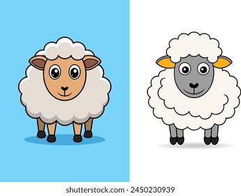 Vector Funny Cute Sheep on Blue and Pink Background. Cartoon Sheep Print, Design for Kids, Girls, Boys. Standing Vector Little Baby Sheep in Kawaii Style