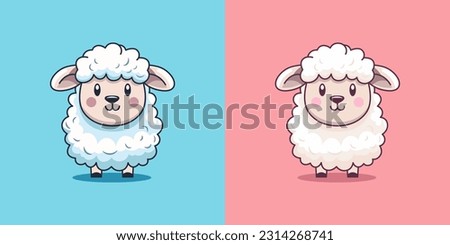 Vector Funny Cute Sheep on Blue and Pink Background. Cartoon Sheep Print, Design for Kids, Girls, Boys. Standing Vector Little Baby Sheep in Kawaii Style 商業照片 © 