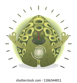 Vector funny cute Turtle sitting in yoga lotus pose and relaxing meditates. Adorable cartoon animal illustration. Art for design posters, t-shirts, invitations