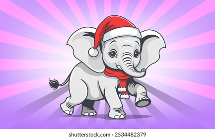 Vector funny cute walking cartoon little elephant in red scarf and Santa hat. Merry Christmas and Happy New Year. Zoo. Lilac radiant background