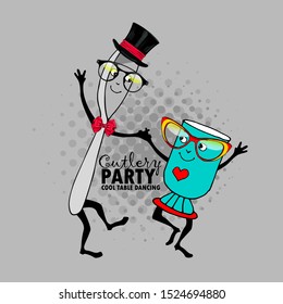 Vector funny cutlery. Comic and funny  spoon and a cup of tee with hat and glasses. Print on T-shirts, bags and other fashion products. 