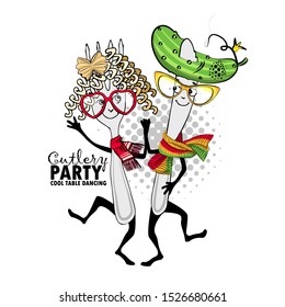 Vector funny cutlery with glasses. Comic and funny fork and knife with hats pasta and cucumber. Print on T-shirts, bags and other fashion products. 