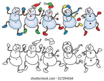 Vector funny dancing snowmen.