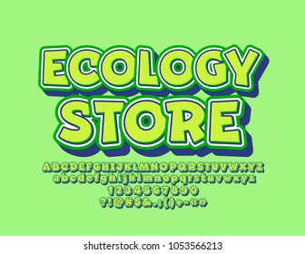 Tienda ecológica con logotipo de diseño divertido de vectores. Fuente infantil verde con sombra. Letras, números y símbolos de alfabeto de estilo pegajoso