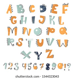Vector funny Dino alphabet and numbers on a white background in cartoon style. Vector illustration for kids, nursery, poster, card, birthday party