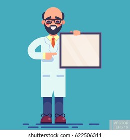 Vector - Funny doctor in white coat pointing on white blank sheet with prescription. Children vector flat illustration eps10