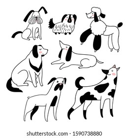 Vector funny dog characters of different breeds. Isolated dogs on the white background in doodle style.