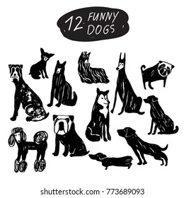 Vector funny dog icon set: terrier, shepherd, labrador, bulldog, pug, husky, poodle, doberman, dachshund. Black and white isolated icons for polygraphy, web design, logo, app, UI.