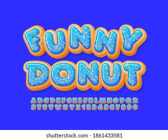 Vector Funny Donut Alphabet Set. Blue Glazed Font. Sweet cake Letters and Numbers