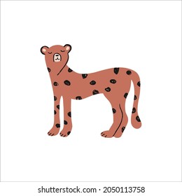 Vector funny doodle abstract Cheetah cat illustration, isolated on white background. Boho trendy illustration, hand drawn texture. Design elements for baby cards, t-shirts and other.