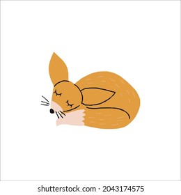 Vector funny doodle abstract sleepy fox illustration, isolated on white background. Cute boho trendy illustration, hand drawn texture. Design elements for baby cards, t-shirts and other.