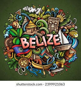 Vector funny doodle illustration with Belize theme. Vibrant and eye-catching design, capturing the essence of Central America culture and traditions through playful cartoon symbols