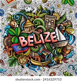 Vector funny doodle illustration with Belize theme. Vibrant and eye-catching design, capturing the essence of Central America culture and traditions through playful cartoon symbols