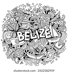 Ilustración de doodle divertida vectorial con tema de Belice. Diseño vibrante y llamativo, capturando la esencia de la cultura y tradiciones de Centroamérica a través de símbolos de dibujos animados juguetones