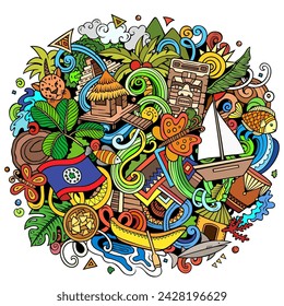 Vector funny doodle illustration with Belize theme. Vibrant and eye-catching design, capturing the essence of Central America culture and traditions through playful cartoon symbols