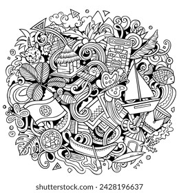 Vector funny doodle illustration with Belize theme. Vibrant and eye-catching design, capturing the essence of Central America culture and traditions through playful cartoon symbols
