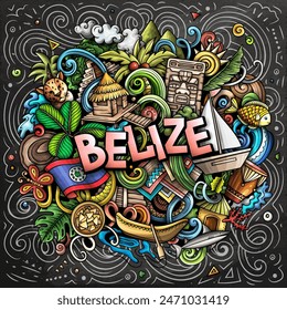 Vector funny doodle illustration with Belize theme. Vibrant and eye-catching design, capturing the essence of Central America culture and traditions through playful cartoon symbols