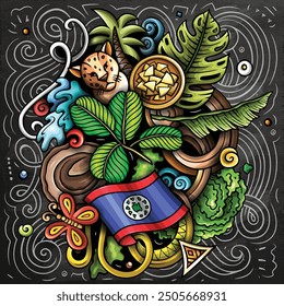 Vector funny doodle illustration with Belize theme. Vibrant and eye-catching design, capturing the essence of Central America culture and traditions through playful cartoon symbols