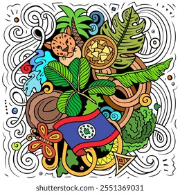 Vector funny doodle illustration with Belize theme. Colorful design, capturing the essence of Central America culture and traditions through playful cartoon symbols