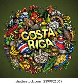 Vektorlustige doodle Illustration mit Costa Rica Thema. Lebhaftes und auffälliges Design, das die Essenz der zentralamerikanischen Kultur und Traditionen durch spielerische Zeichentricksymbolen erfasst