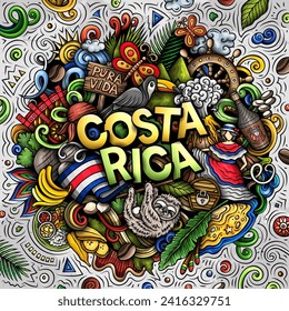 Vektorlustige doodle Illustration mit Costa Rica Thema. Lebhaftes und auffälliges Design, das die Essenz der zentralamerikanischen Kultur und Traditionen durch spielerische Zeichentricksymbolen erfasst